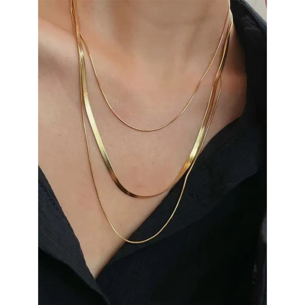 Herringbone Triple Stacked Layered Fashion Gold Plated Necklace Minimalist - Picture 2 of 7